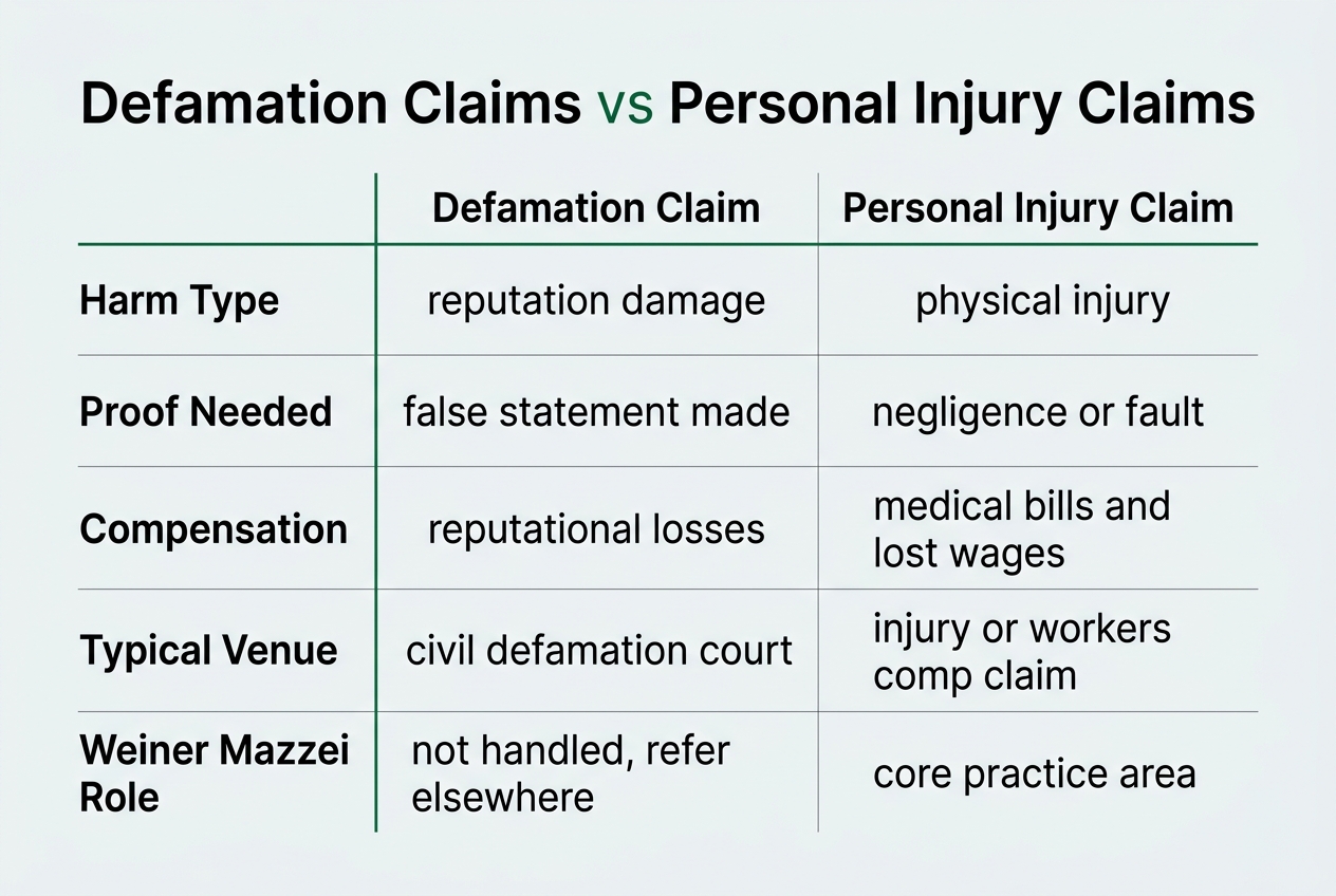Infographic: Comparison chart titled Defamation Claims vs Personal Injury Claims