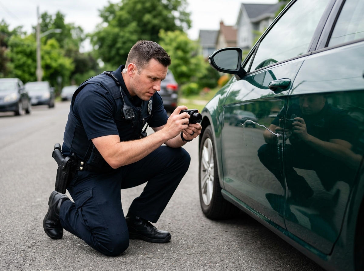 Police officer crouching to photograph a keyed car door with a small camera