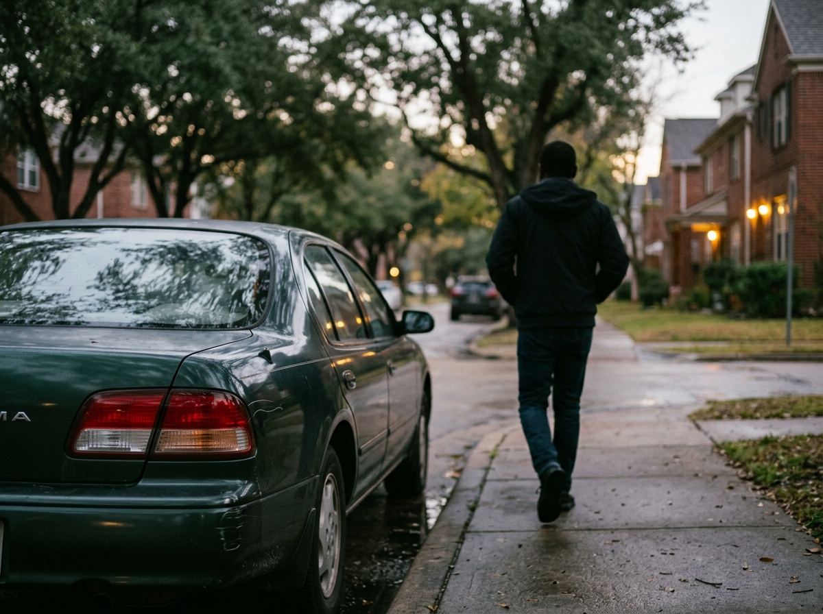 Angry neighbor's silhouette walking away from a scratched sedan parked on a street