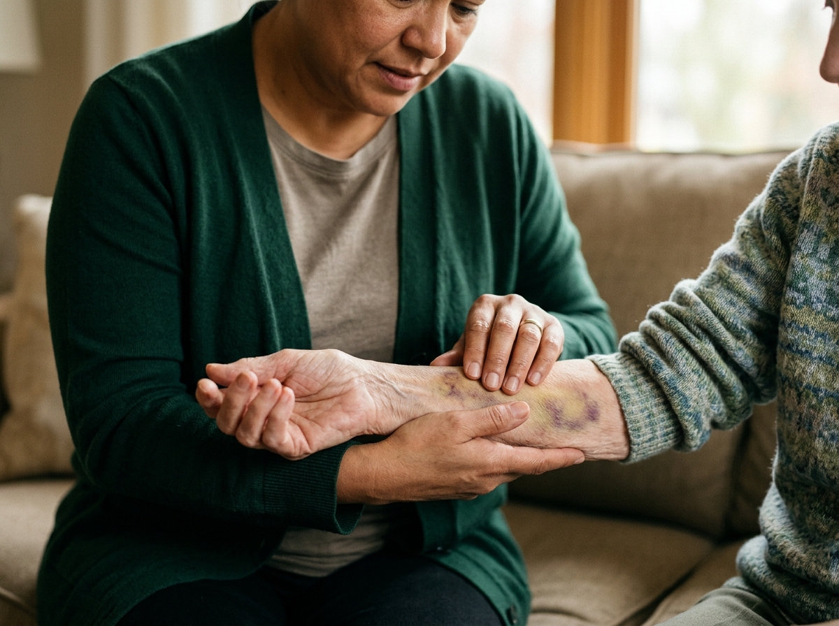Close-up of caregiver's hands checking an elderly patient's bruised forearm with concern