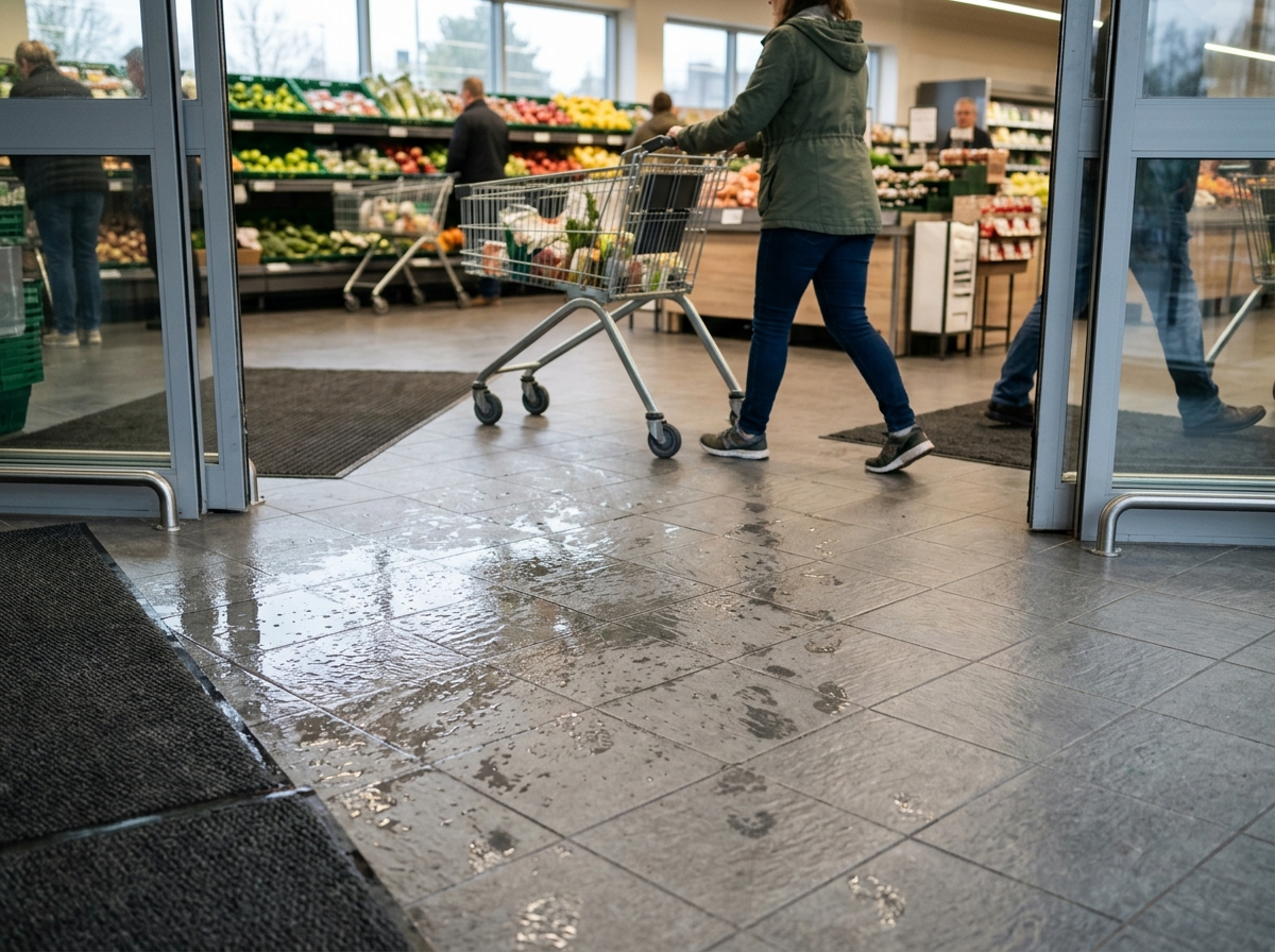 Wet floor near grocery store entrance with no warning cone placed nearby