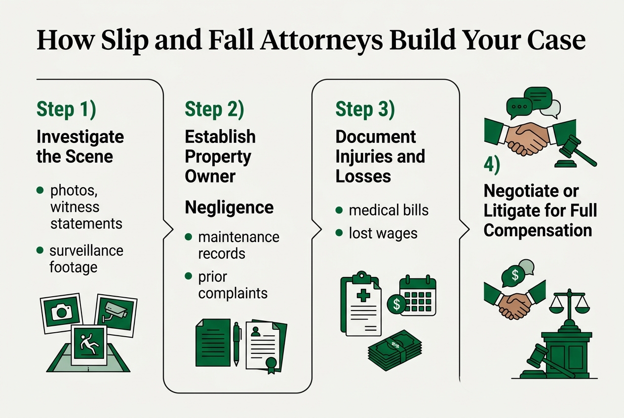 Infographic: 4-step process flow titled 'How Slip and Fall Attorneys Build Your Case'