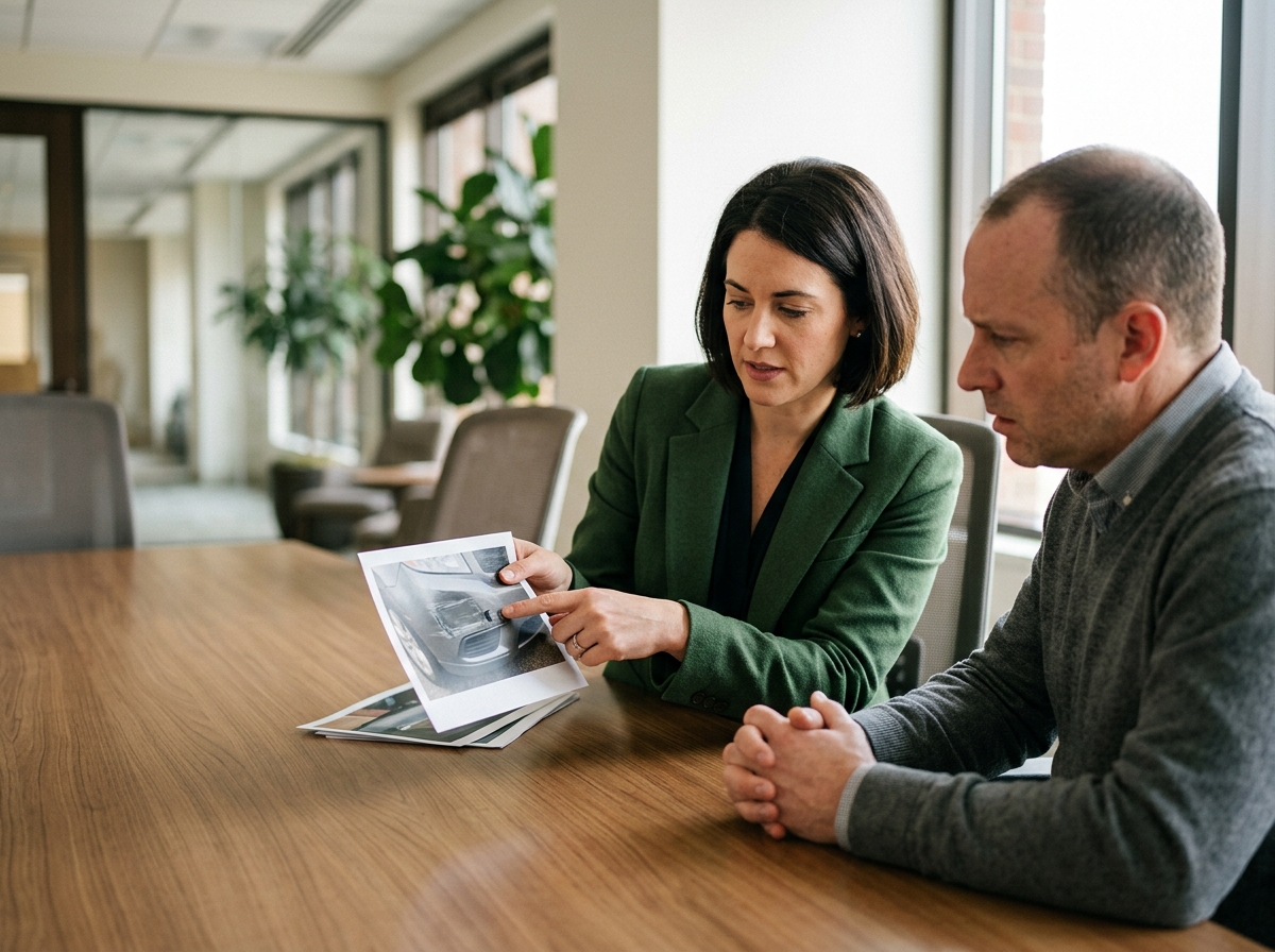 Lawyer reviews photographs of damaged vehicle bumper with concerned client seated at conference table