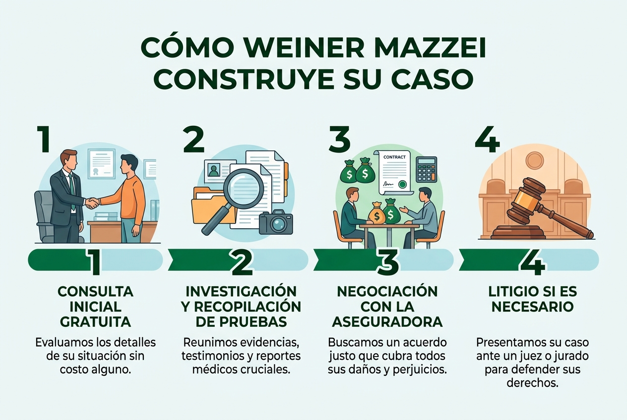 Infographic: 4-step process titled 'Cómo Weiner Mazzei construye su caso': 1) Consulta inicial gratuita 2) Investigación y