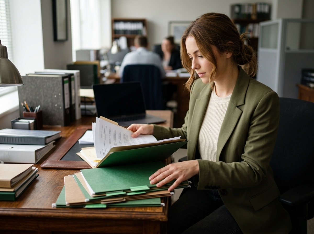 Paralegal organizes case files and accident report folders on wooden desk in busy law firm office