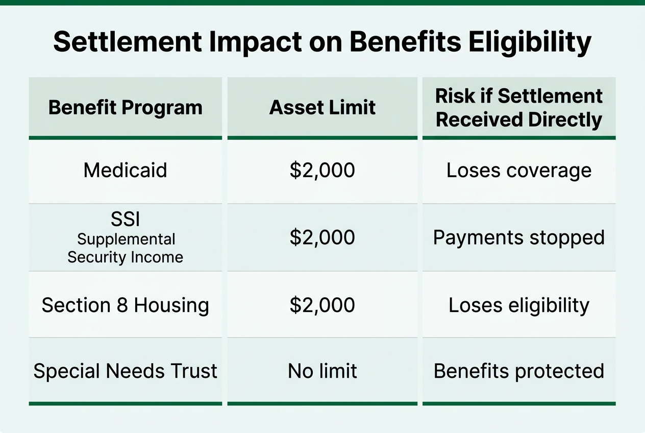 Infographic: Chart titled 'Settlement Impact on Benefits Eligibility'