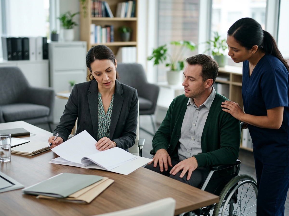 Lawyer reviewing paperwork with a wheelchair-using client and caregiver in office