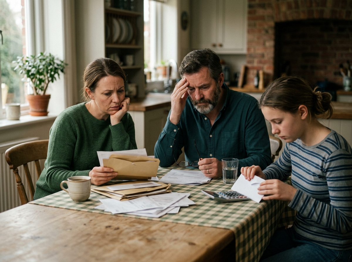 Worried family sits together at kitchen table sorting through medical bills and envelopes