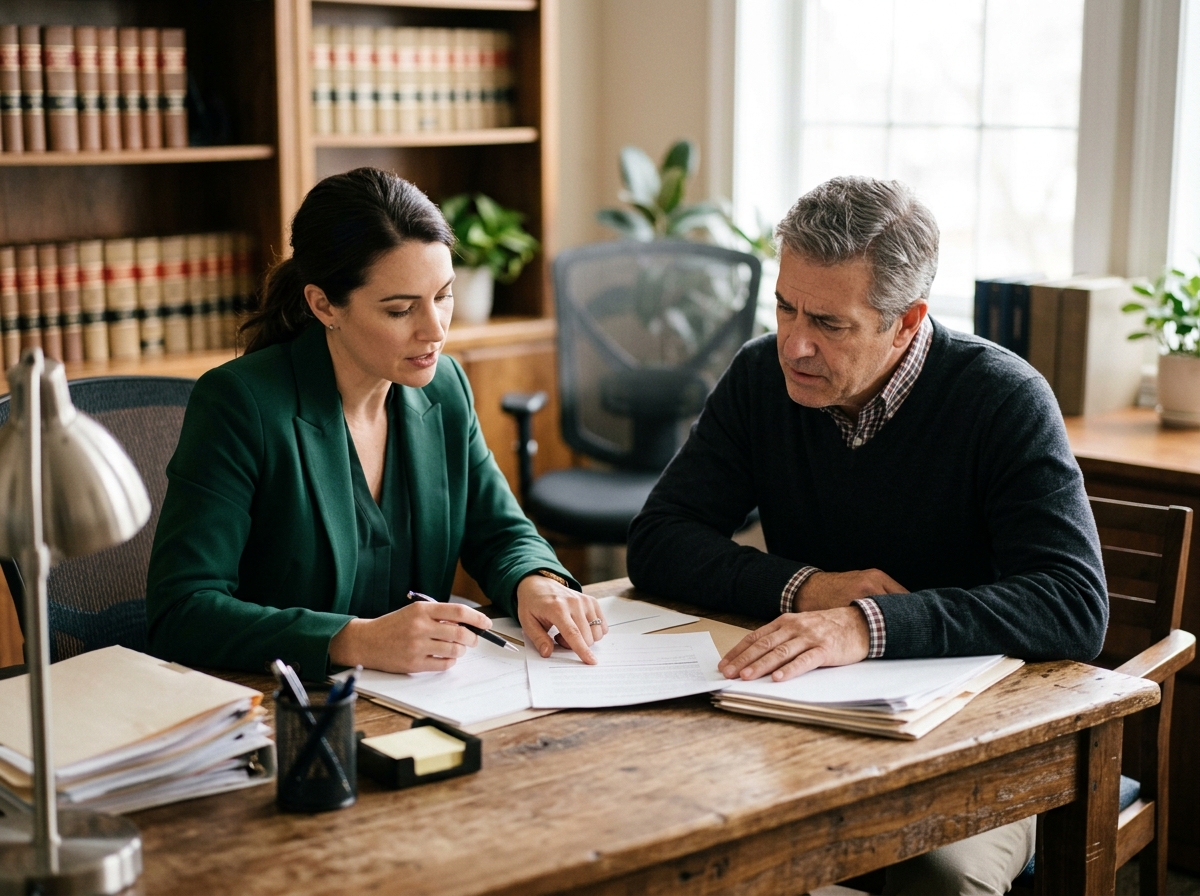 Attorney and worried client reviewing paperwork together across a wooden desk in office