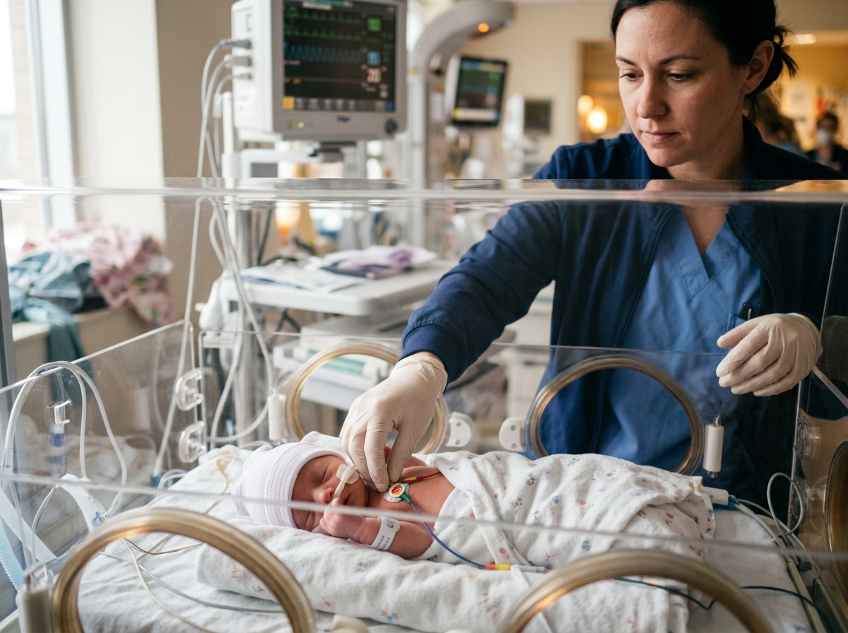 Neonatal nurse's hands adjust monitor leads on infant in hospital incubator