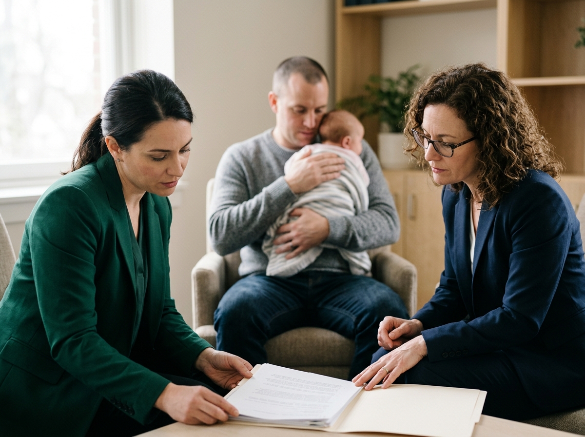 Lawyer reviewing medical file with worried mother while father comforts baby nearby