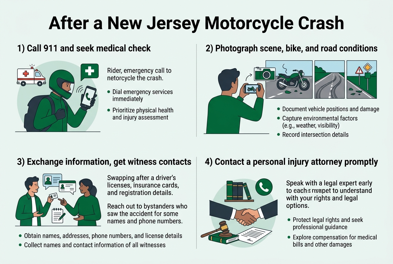 Infographic: 4-step process titled After a New Jersey Motorcycle Crash: 1) Call 911 and seek medical check 2) Photograph