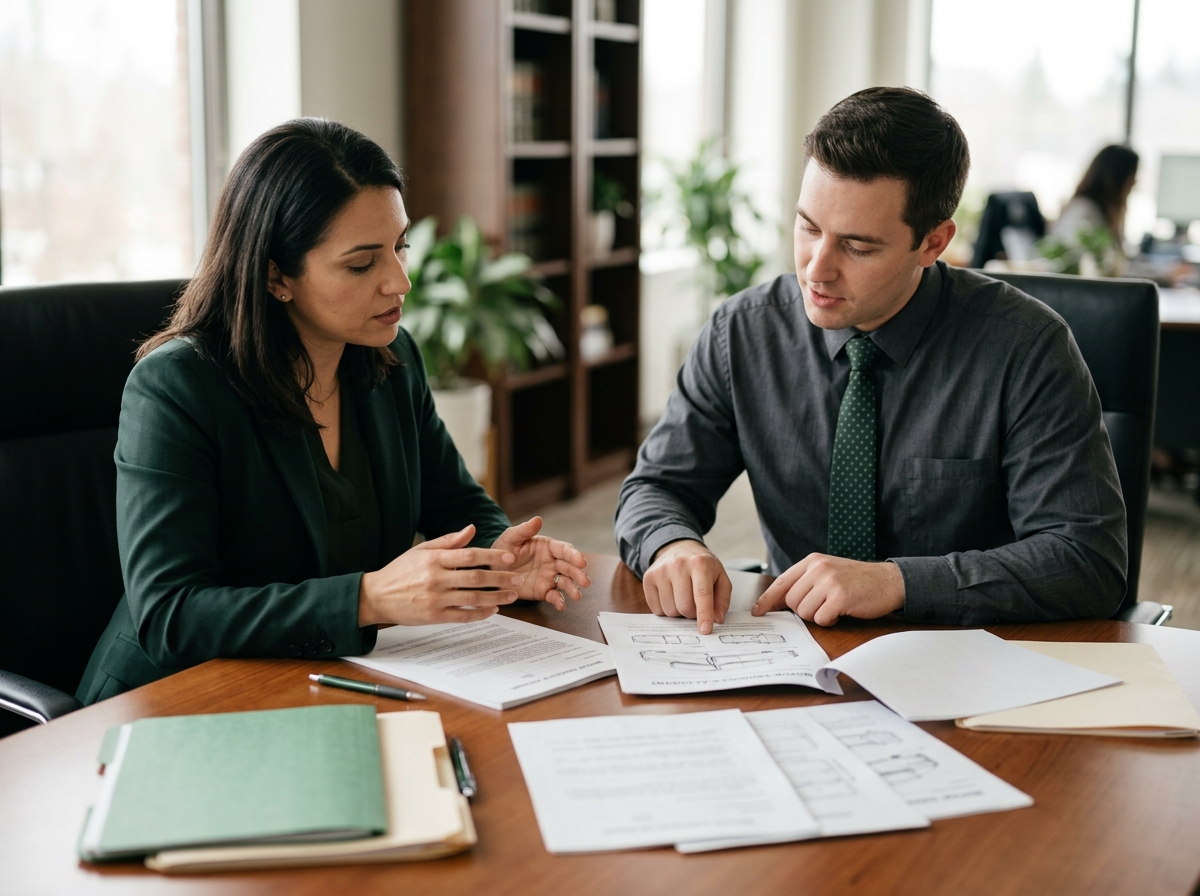 Lawyer and paralegal examine motor vehicle accident claim documents spread across conference table