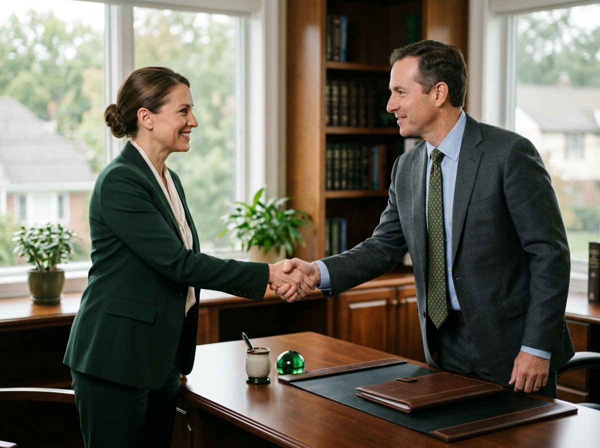 Client shakes hands with attorney across desk inside northern New Jersey law firm office