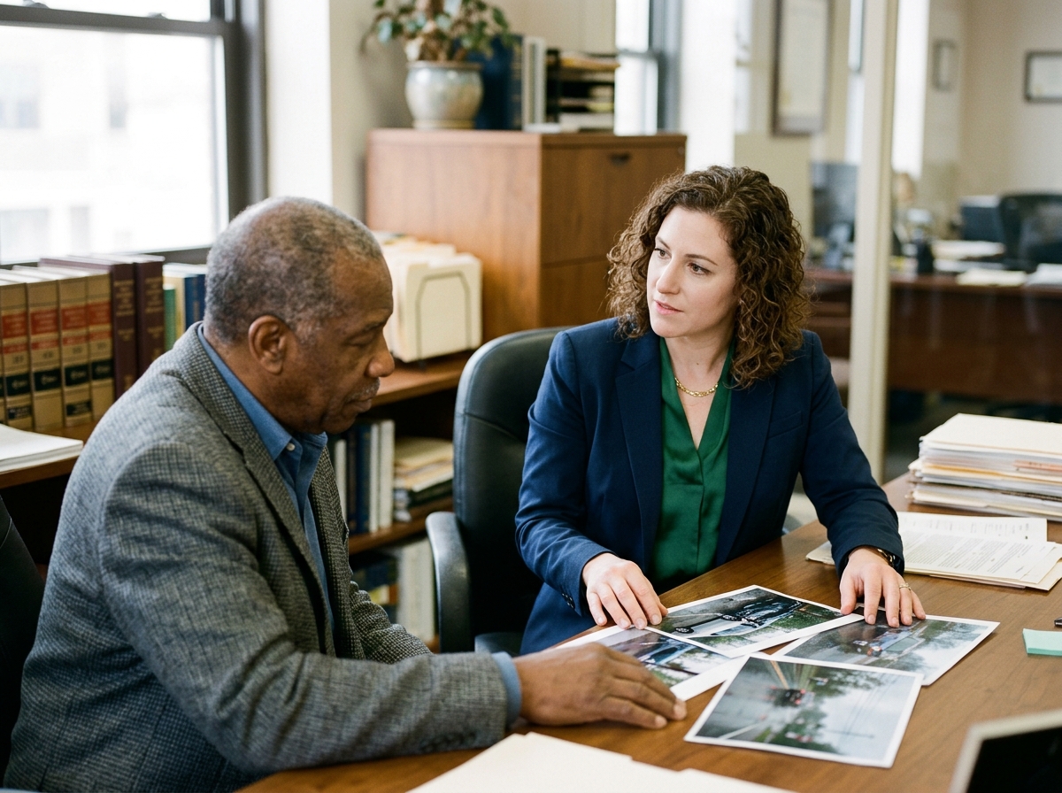 Attorney at desk reviewing accident photos with client inside Passaic law office