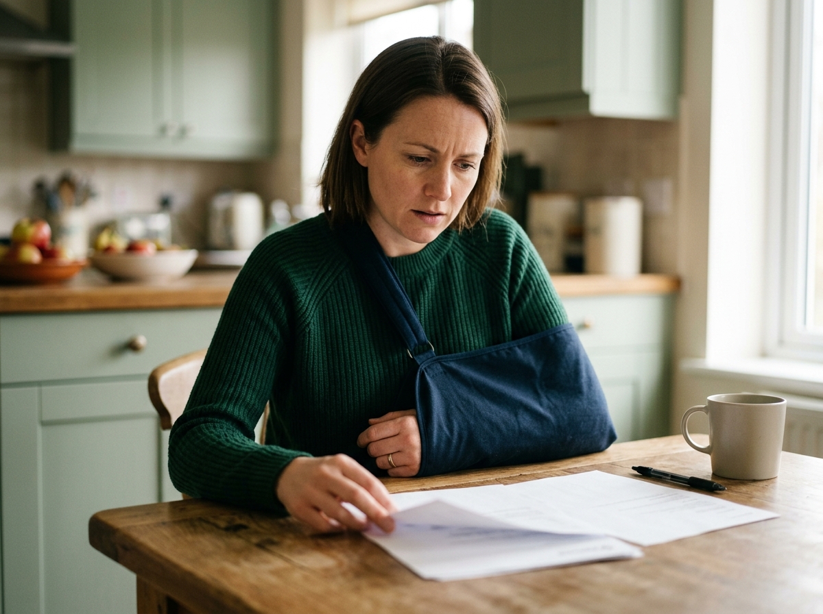 Person with arm in sling reviewing paperwork at a kitchen table with concerned expression