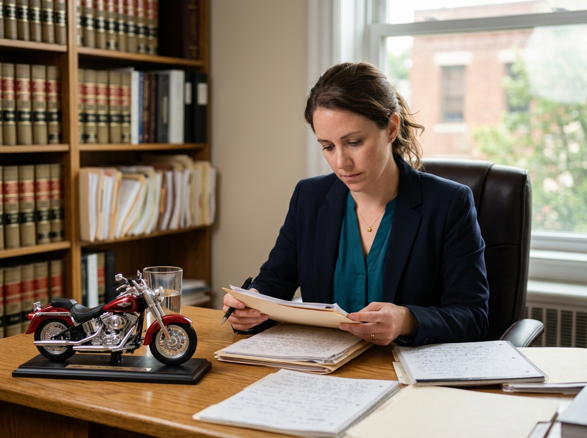 Attorney reviewing case files at a Passaic law office desk with scale model motorcycle nearby