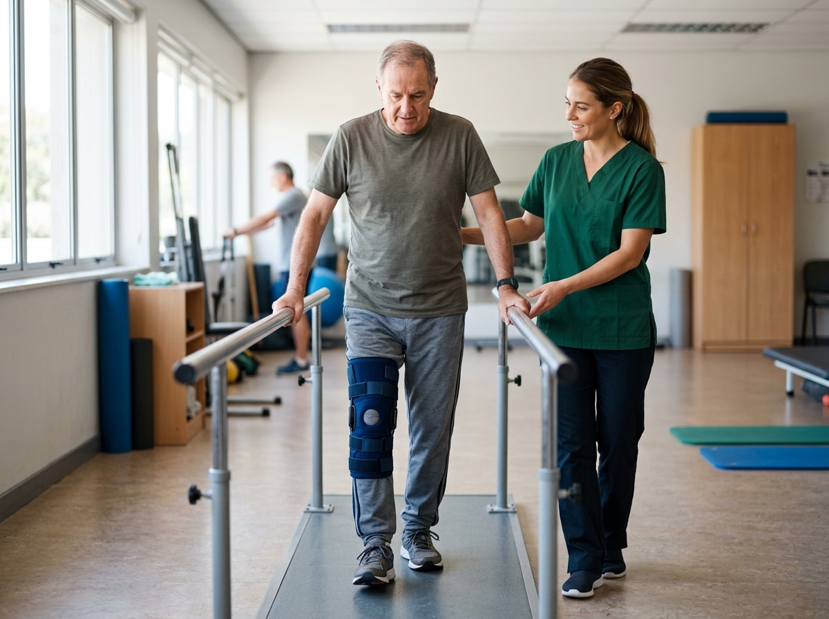 Physical therapist helping a leg-braced patient walk between parallel bars in rehab clinic