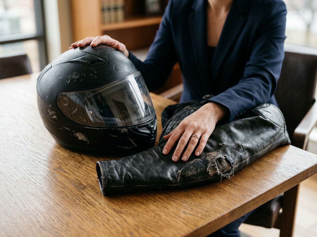 Lawyer's hands reviewing scratched motorcycle helmet and torn jacket on conference table