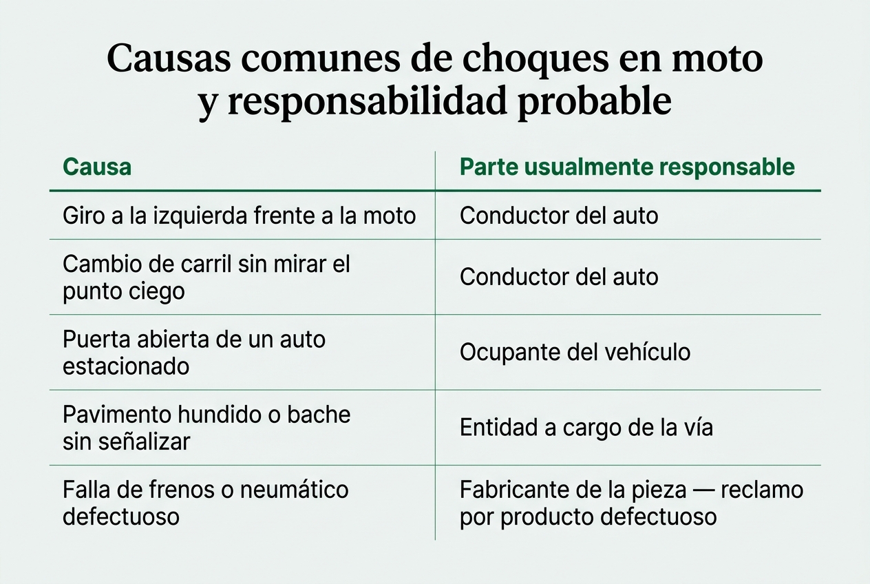 Infographic: Comparison table titled "Causas comunes de choques en moto y responsabilidad probable"