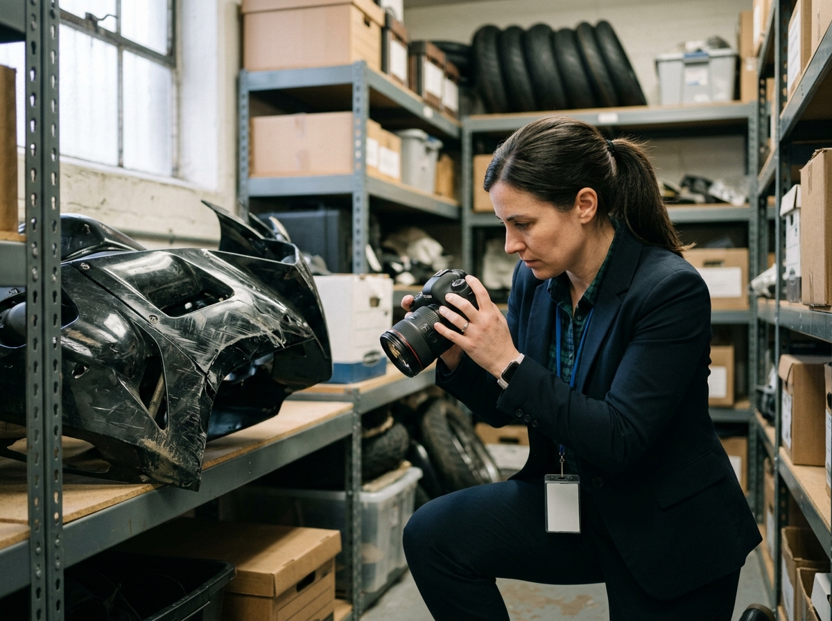 Paralegal photographing damaged motorcycle fairing with camera in evidence storage room