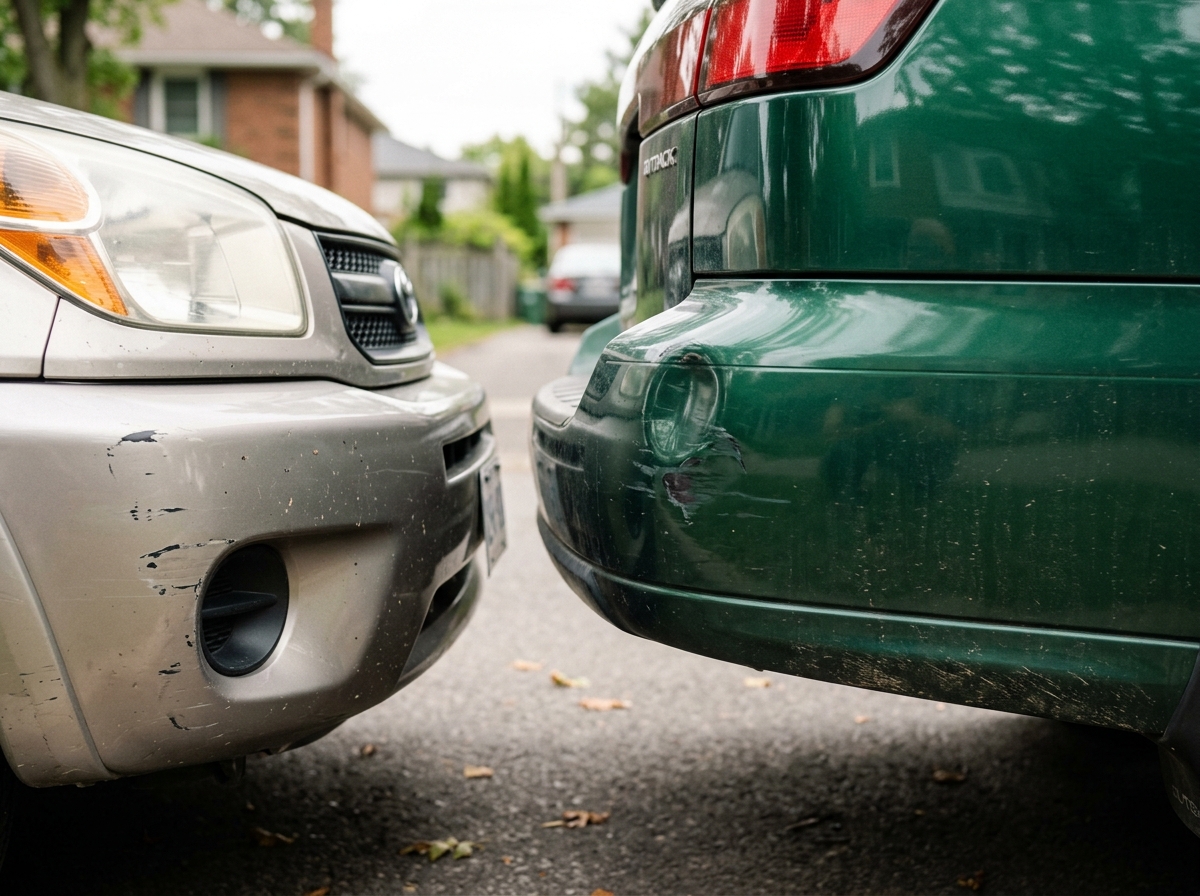 Close-up of two bumpers with minor dents and scraped paint touching on quiet suburban street