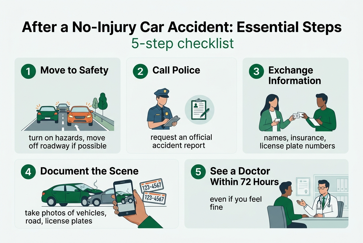 Infographic: 5-step checklist titled 'After a No-Injury Car Accident: Essential Steps'