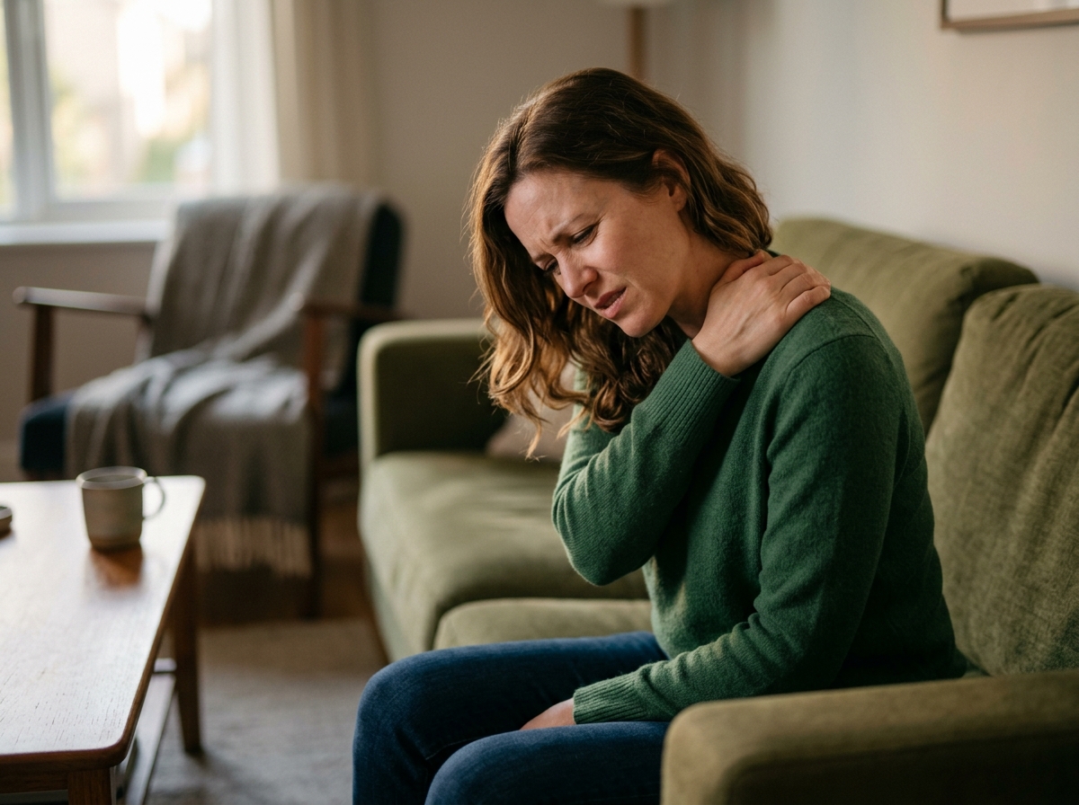 Person wincing while rubbing sore neck and shoulder while sitting on couch at home, evening light