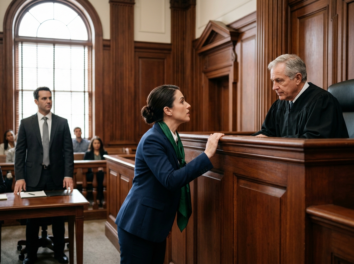 Lawyer leaning toward judge's bench mid-objection while opposing counsel stands nearby