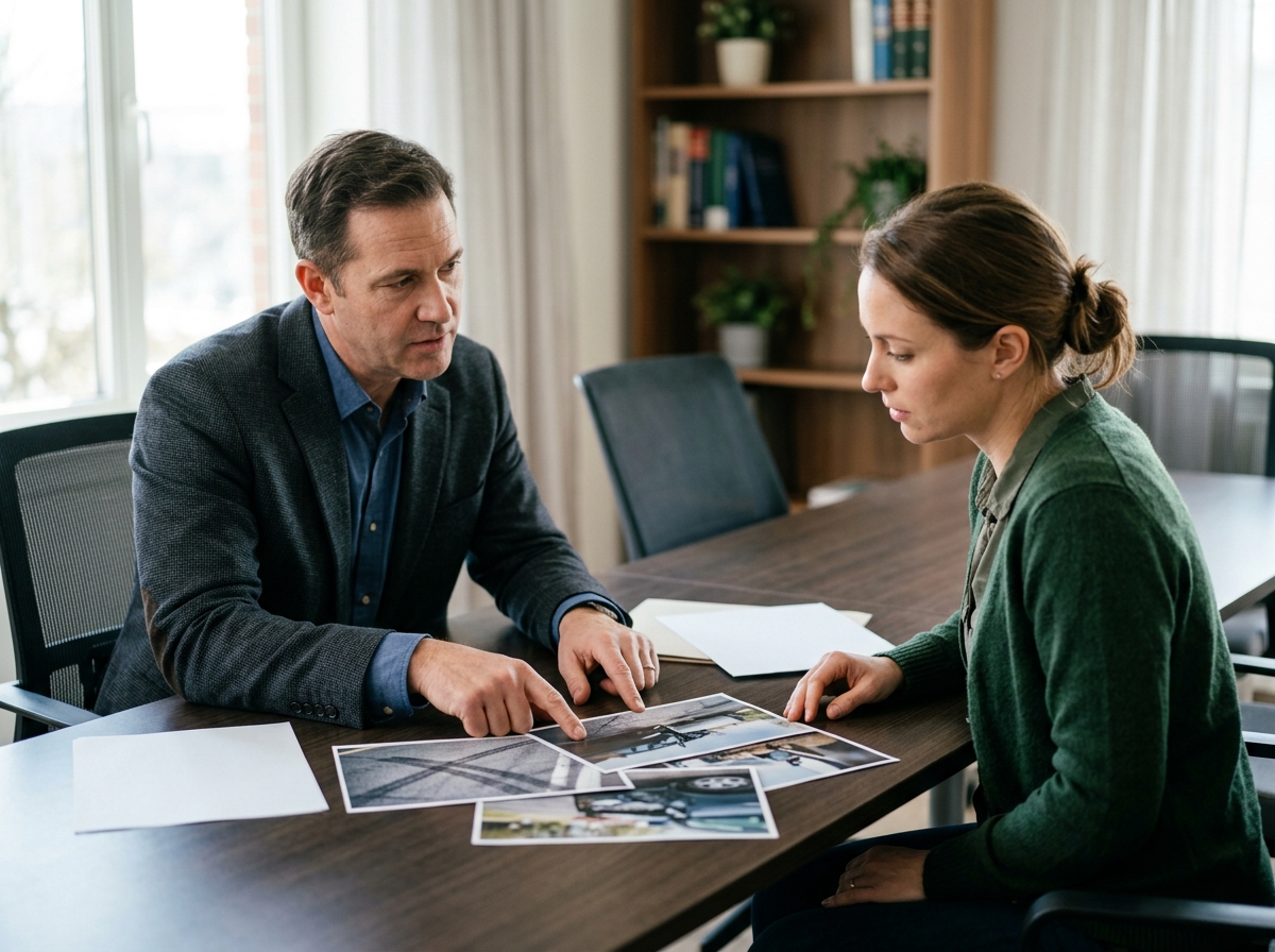 Attorney showing accident photographs to a seated client during office consultation