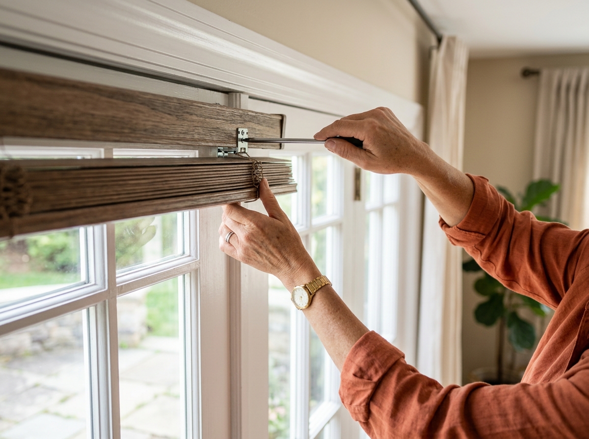 Close-up of hands attaching wooden blinds headrail above a French door frame