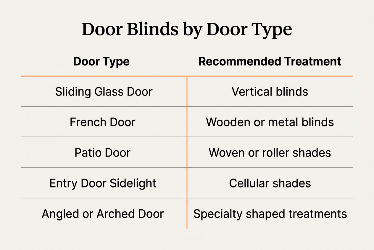 Infographic: Comparison table titled Door Blinds by Door Type