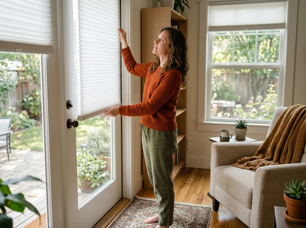 Homeowner adjusts cordless cellular shade on a glass door beside a sunny reading nook