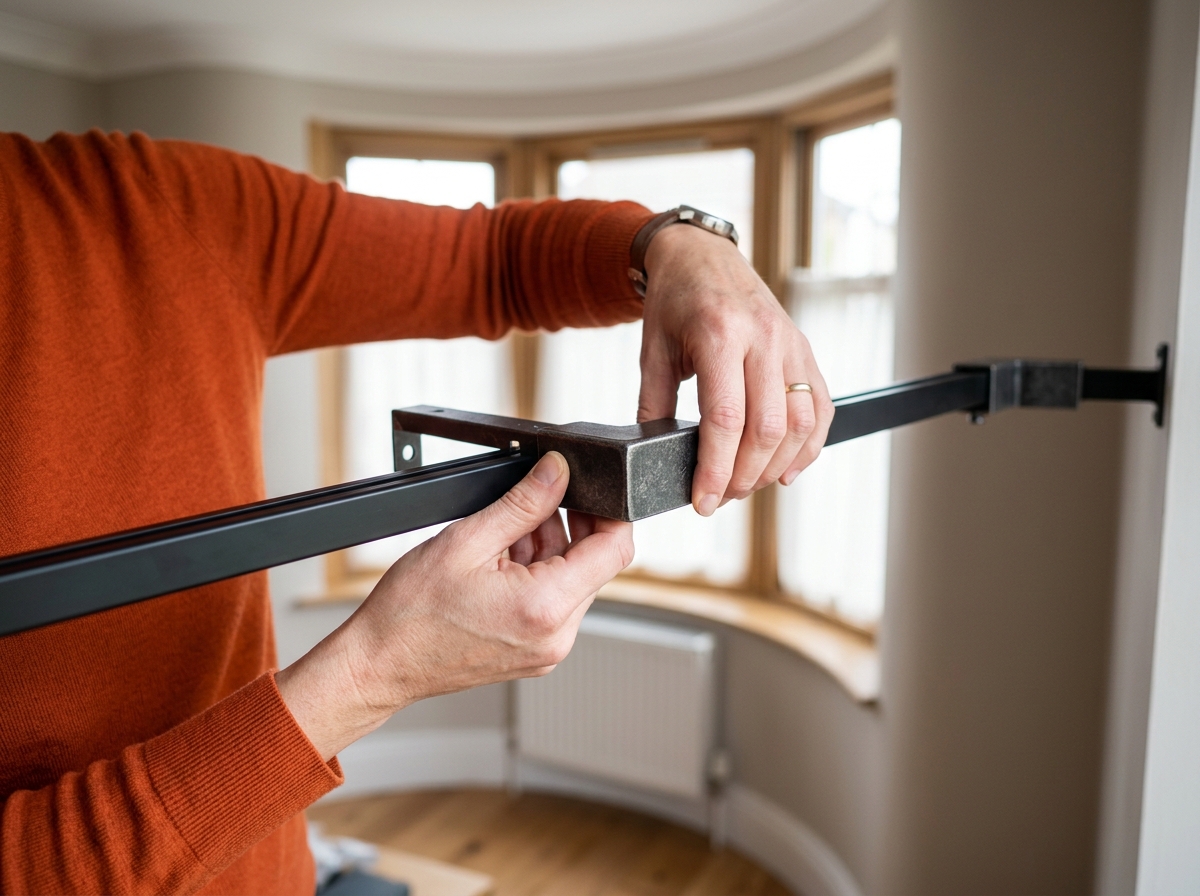 Close-up of hands joining angled bracket sections of a custom bay window curtain rail
