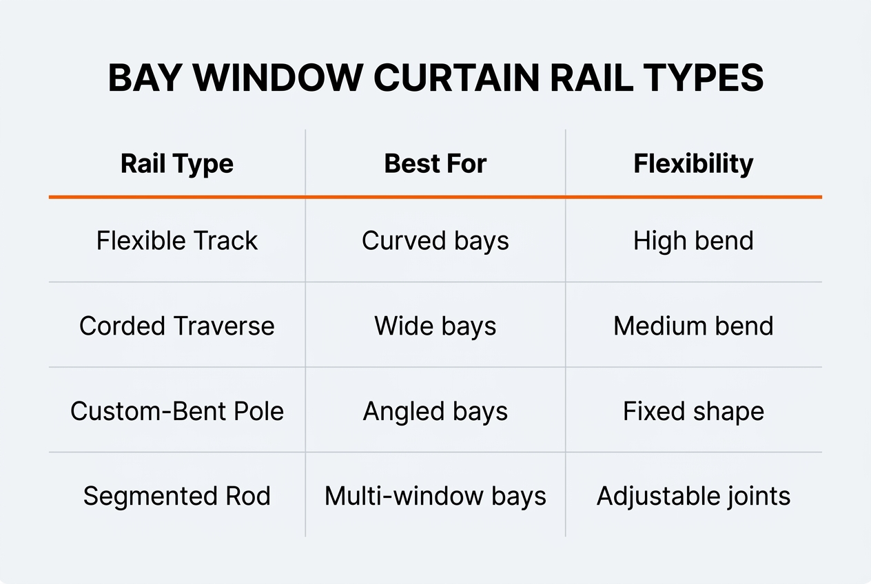 Infographic: Comparison table titled Bay Window Curtain Rail Types
