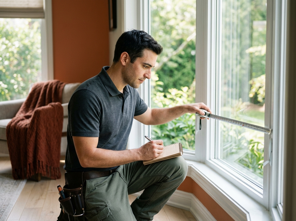 Technician measuring bay window angles with a tape measure and notepad before rail installation