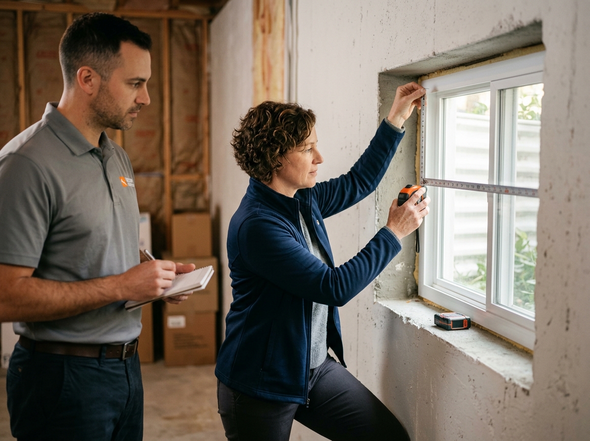 Consultant measures a small basement egress window before fitting a custom insulating cellular shade