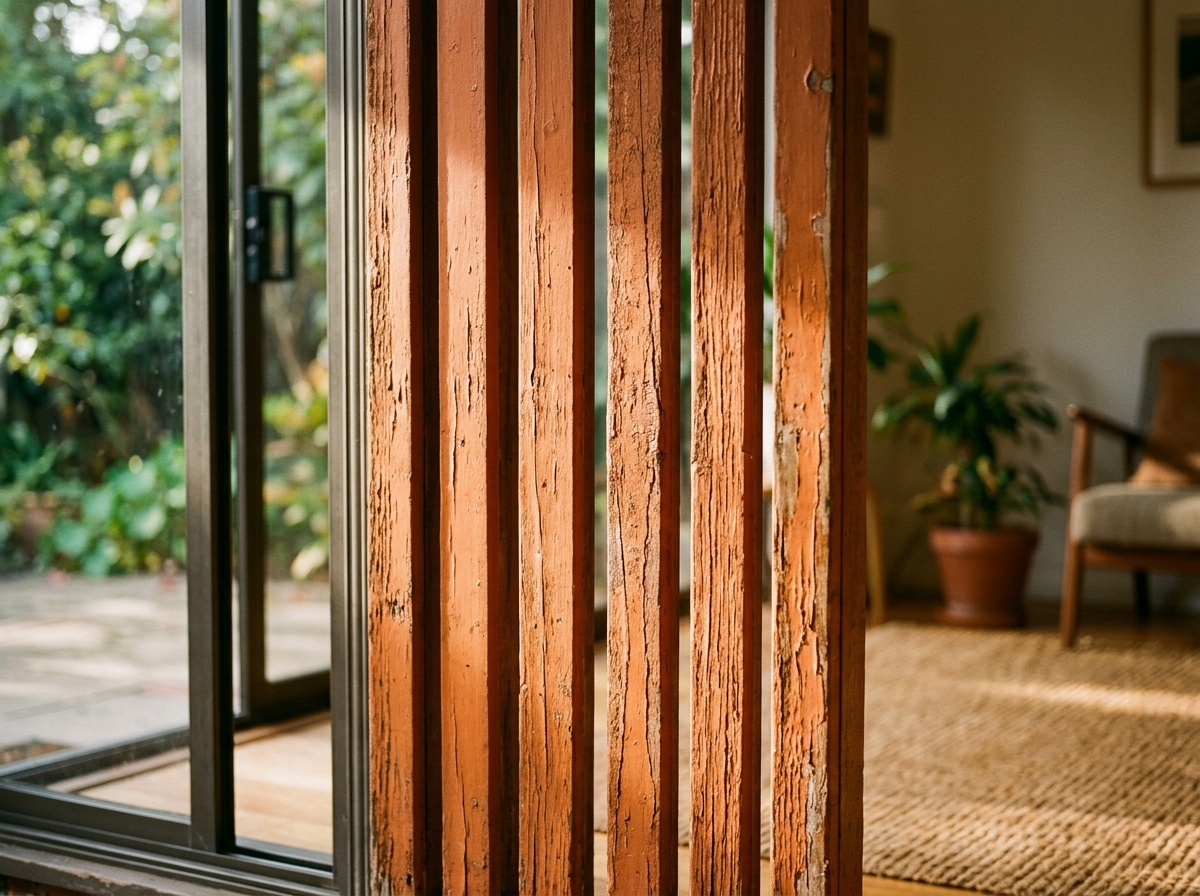 Close-up of faded, cracked vertical slats beside a sliding glass door in a sunlit living room