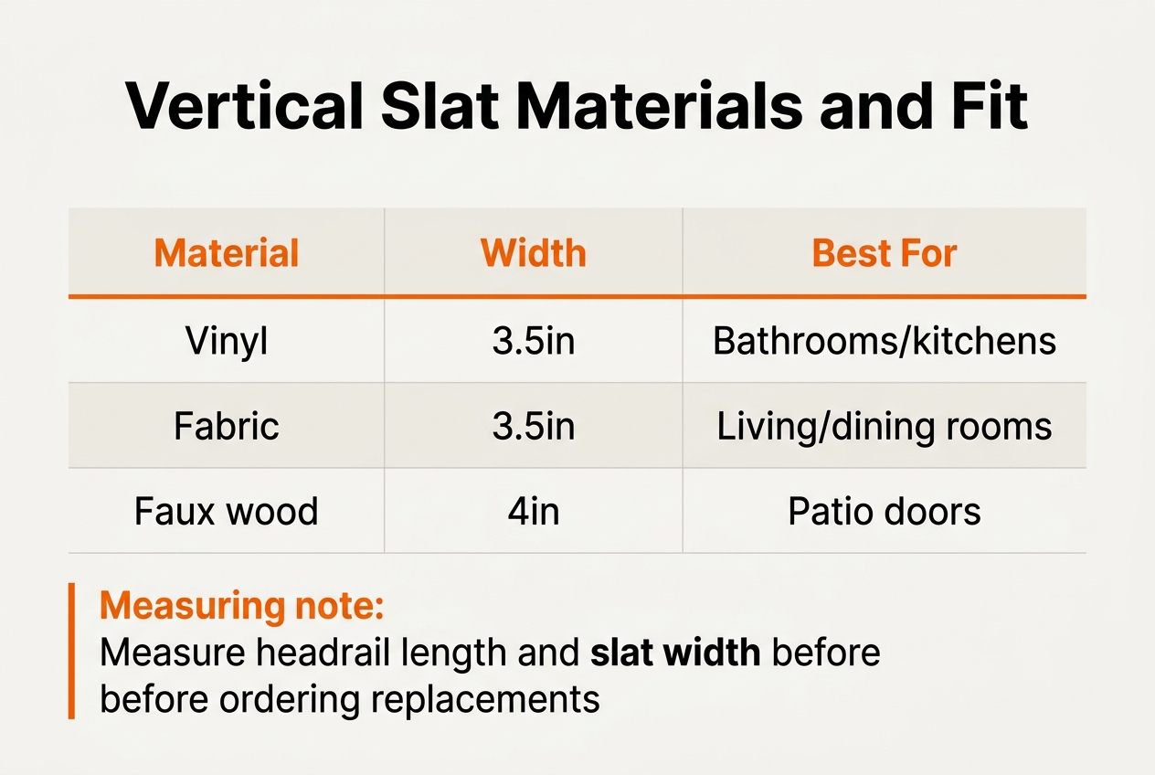 Infographic: Chart titled 'Vertical Slat Materials and Fit'
