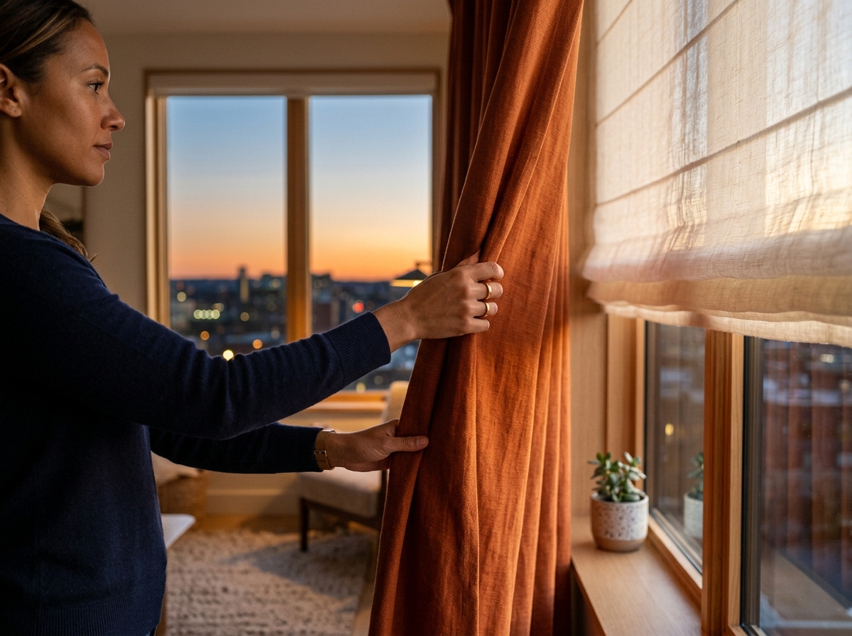 Designer's hands drawing back drapery panel to reveal glowing sheer shade over evening window