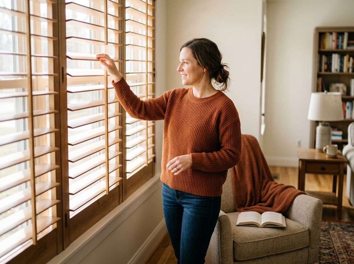 Homeowner tilting shutter slats open beside a cozy reading nook with warm afternoon light