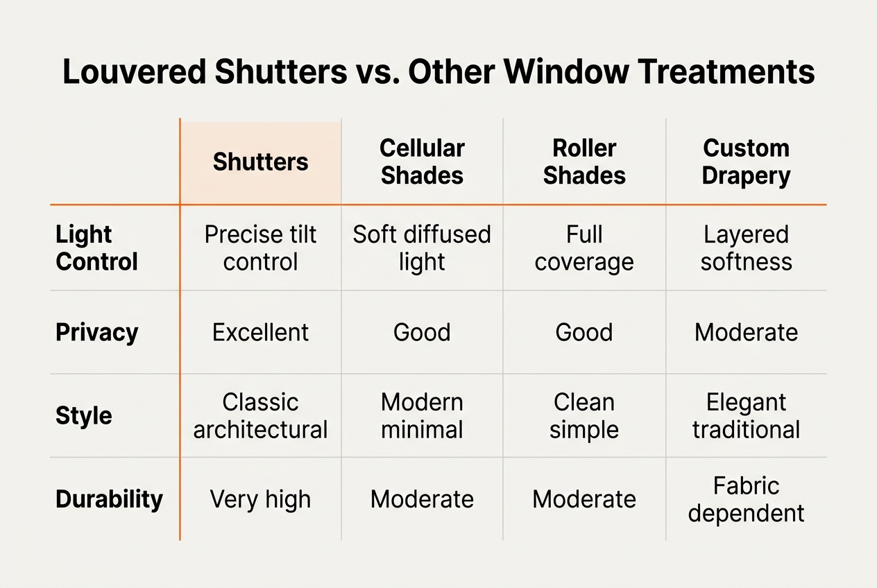 Infographic: Comparison table titled Louvered Shutters vs