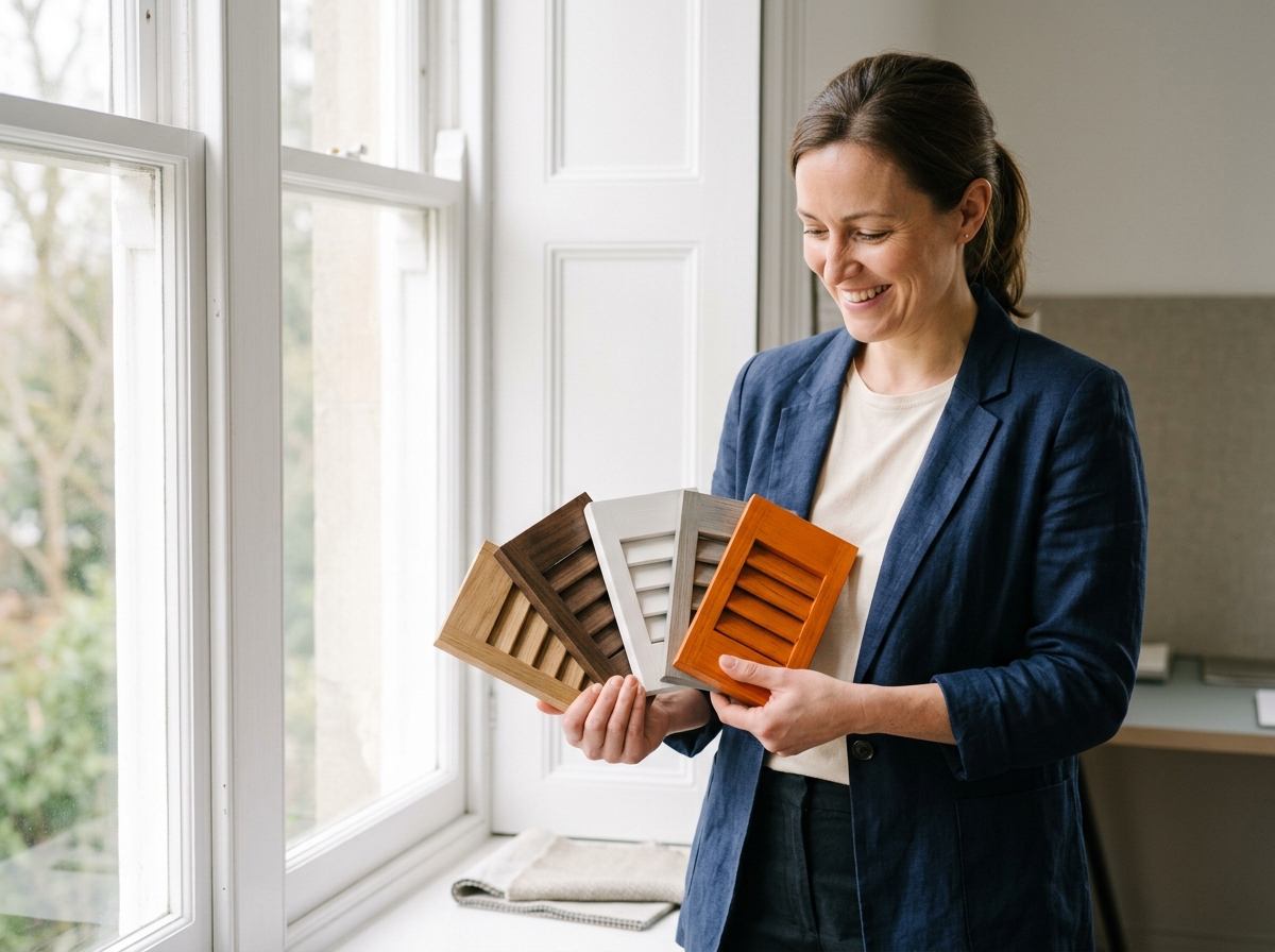 Designer holding wood shutter louver samples in different finishes against a bright window frame