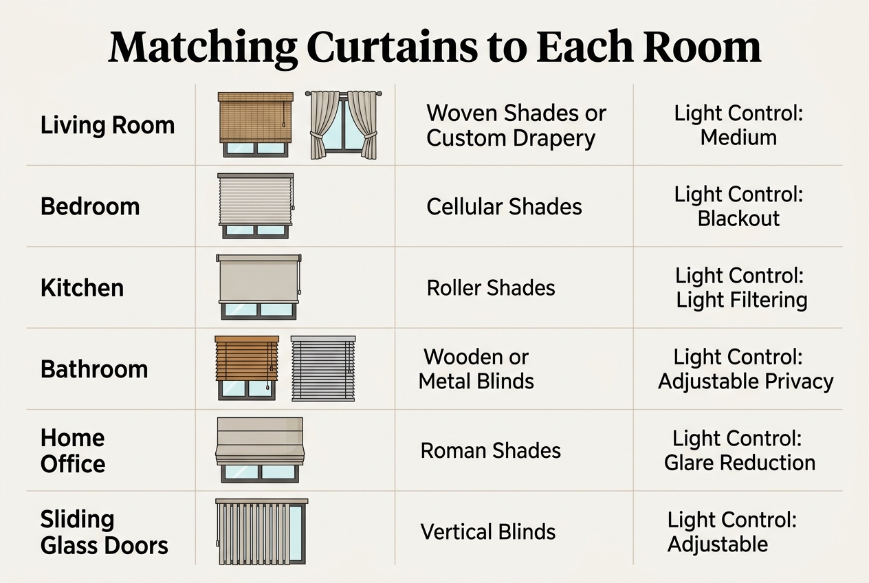 Infographic: Chart titled Matching Curtains to Each Room