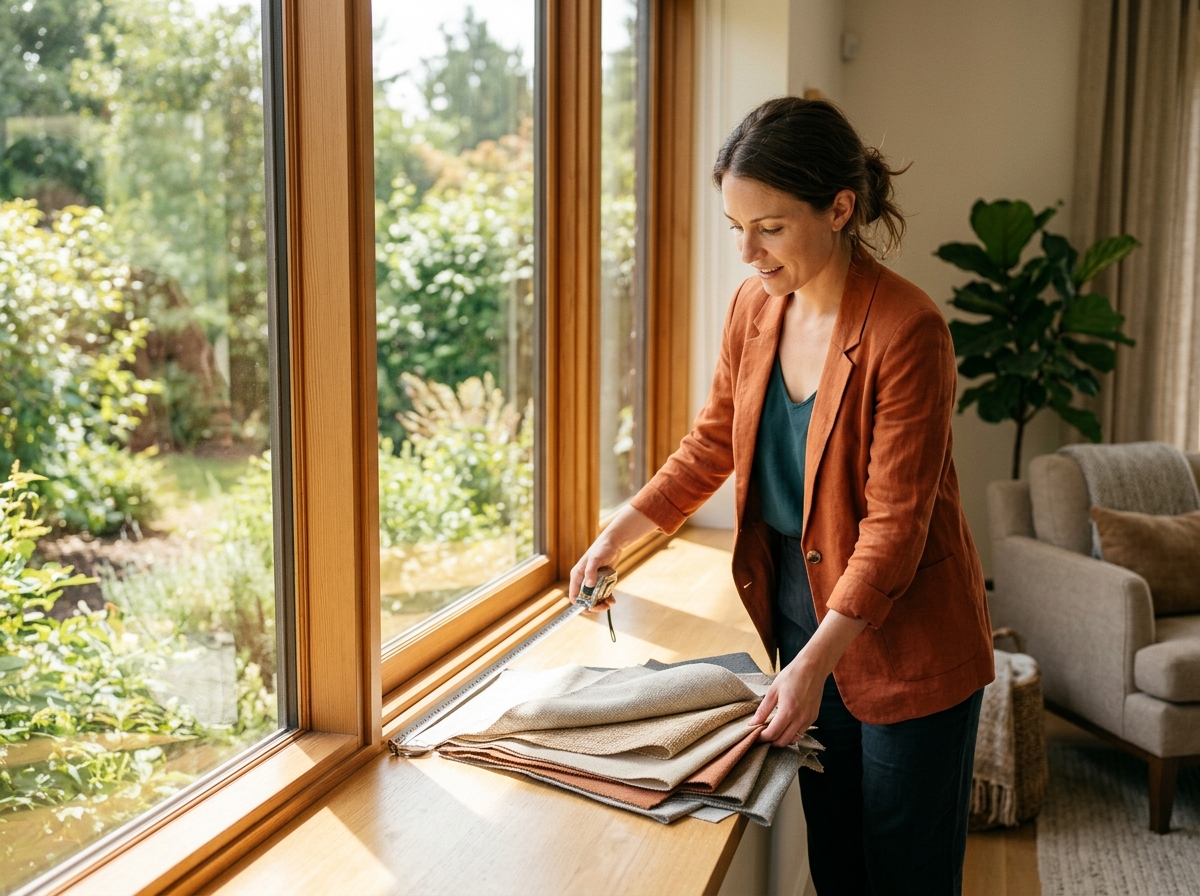 Consultant measures large sunny window, fanning solar roller shade fabric swatches on sill