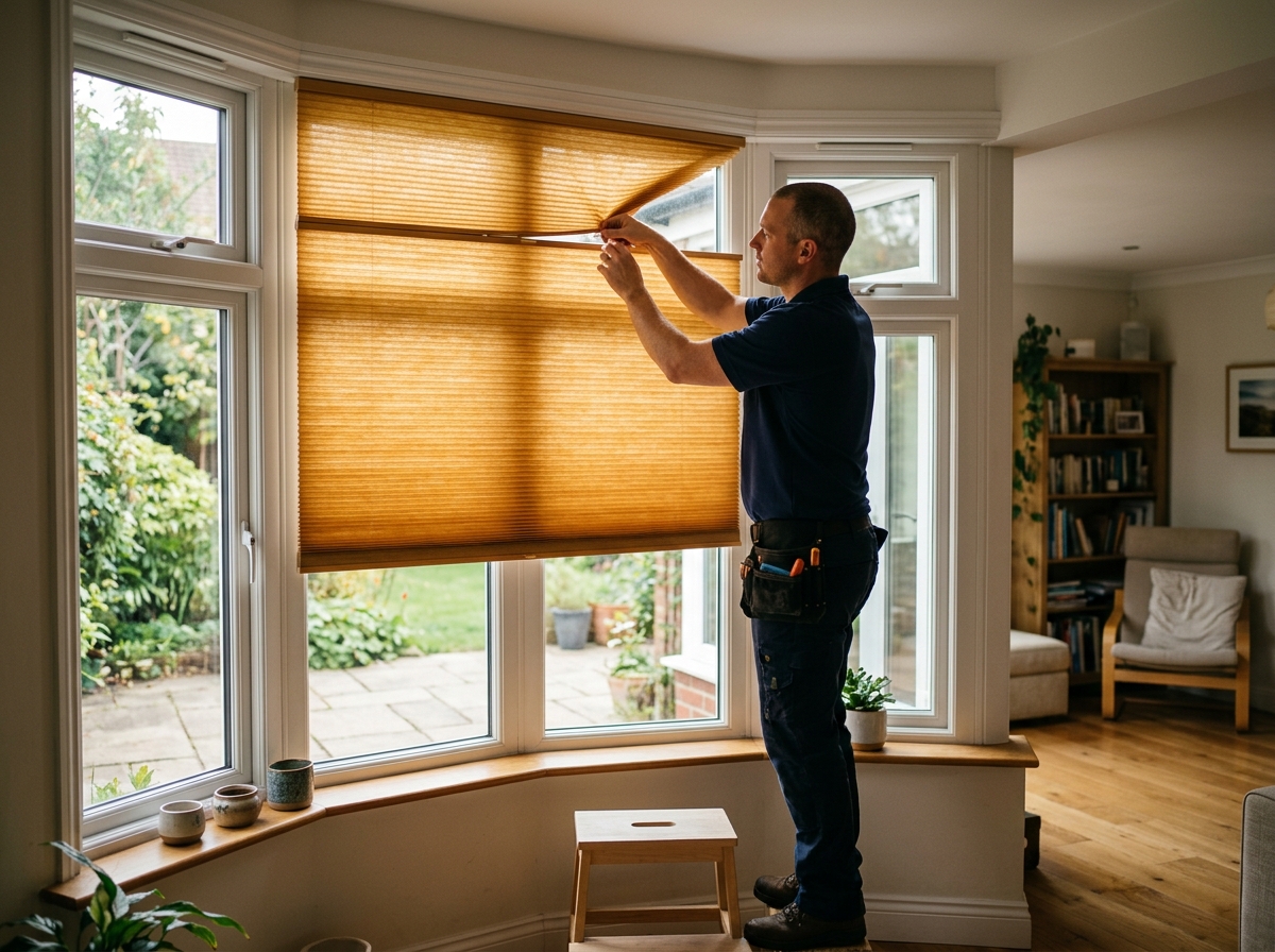 Installer adjusts cellular shade on bay window, sunlight filtering softly through fabric folds