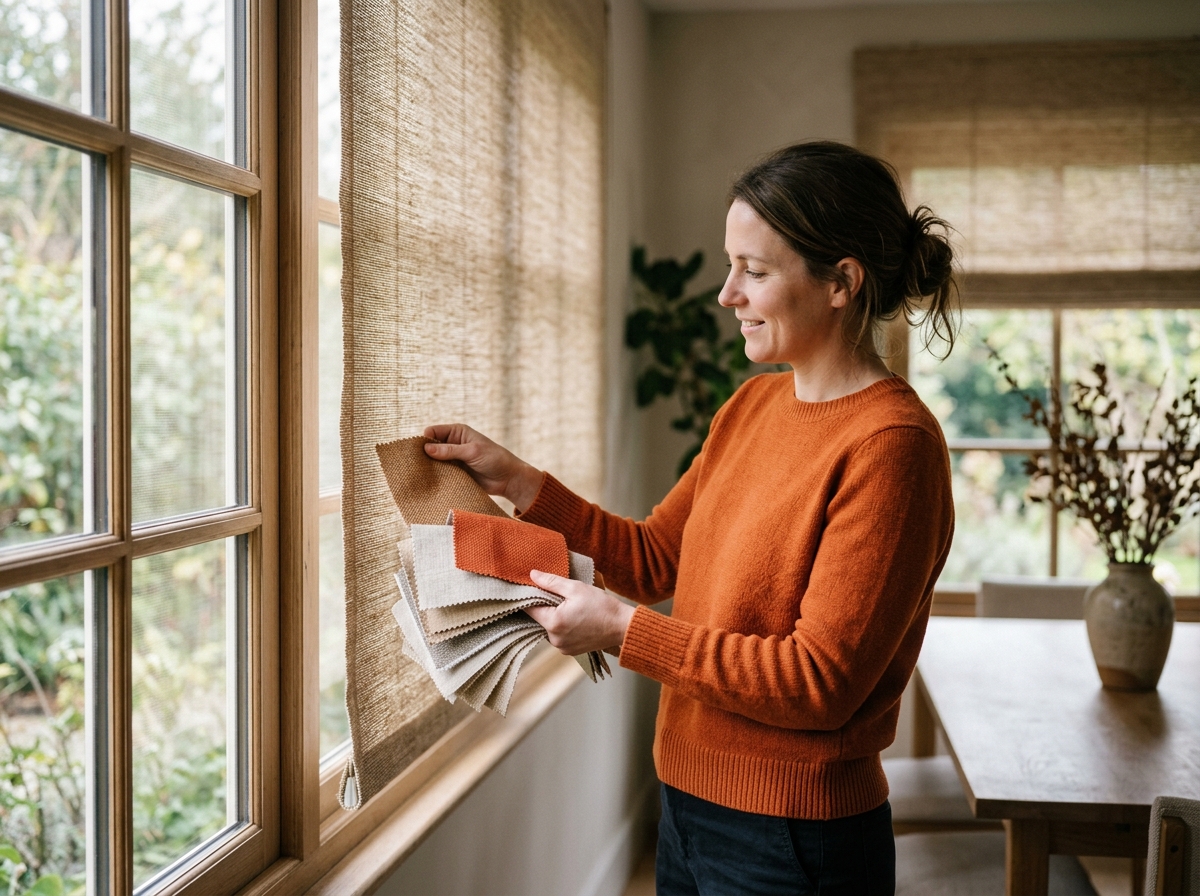Designer holding fabric swatches against dining window, comparing woven shade samples in sunlight