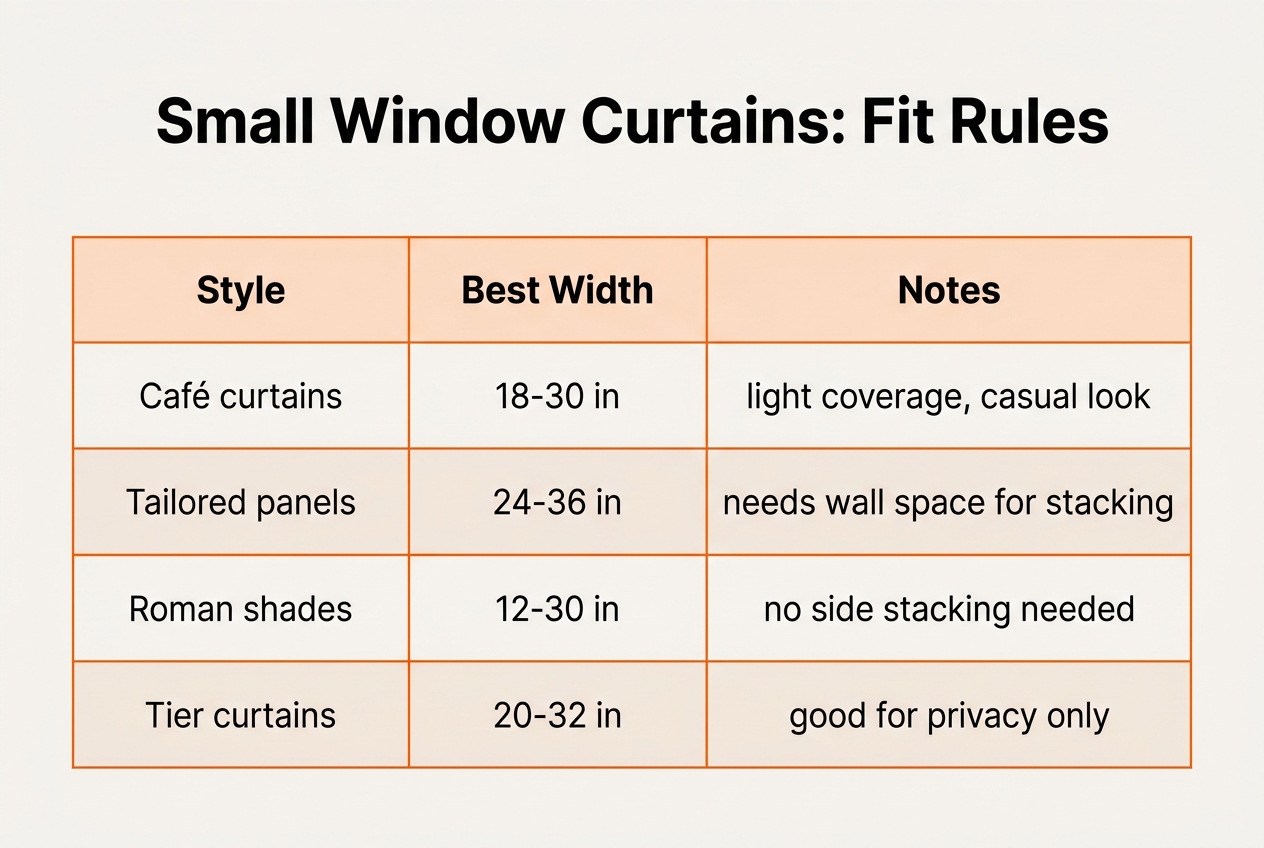 Infographic: Table titled 'Small Window Curtains: Fit Rules'