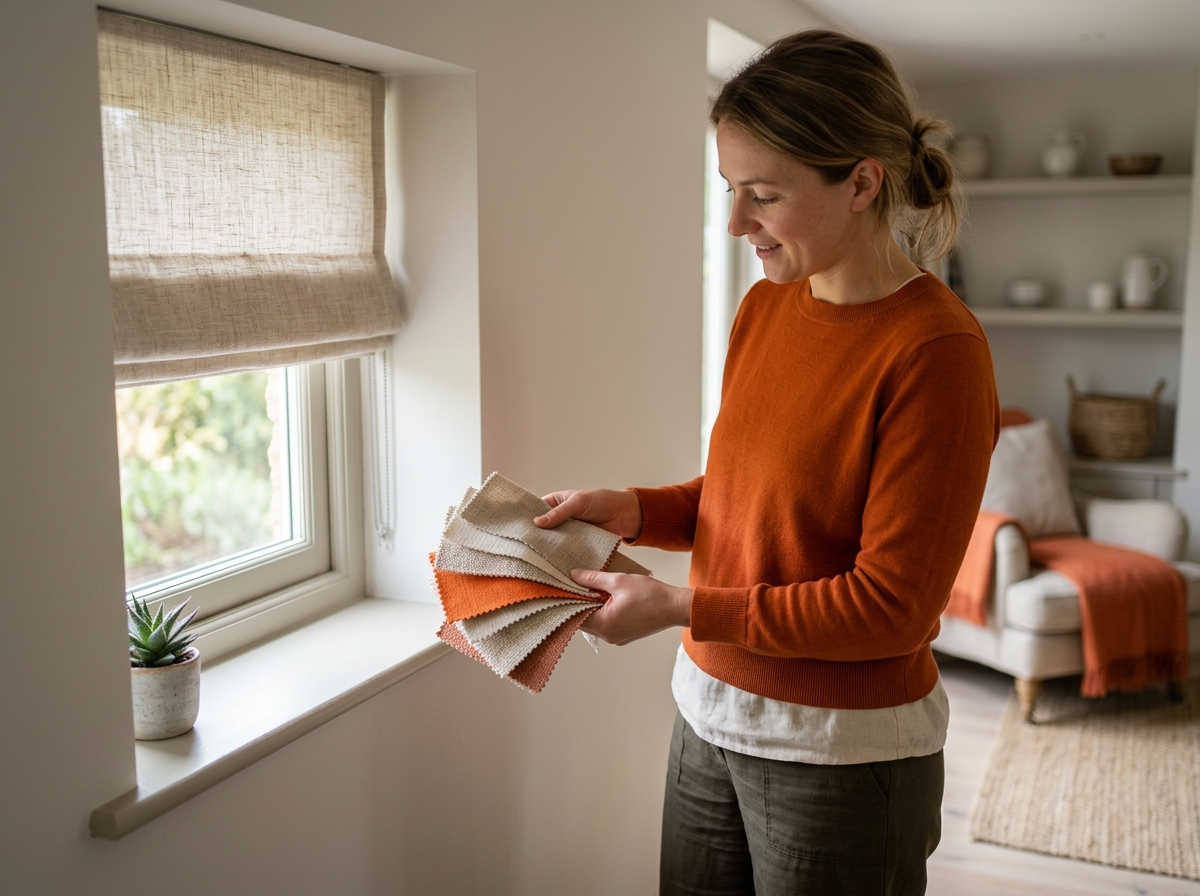 Designer holds fabric swatches beside a small living room window fitted with a roller shade
