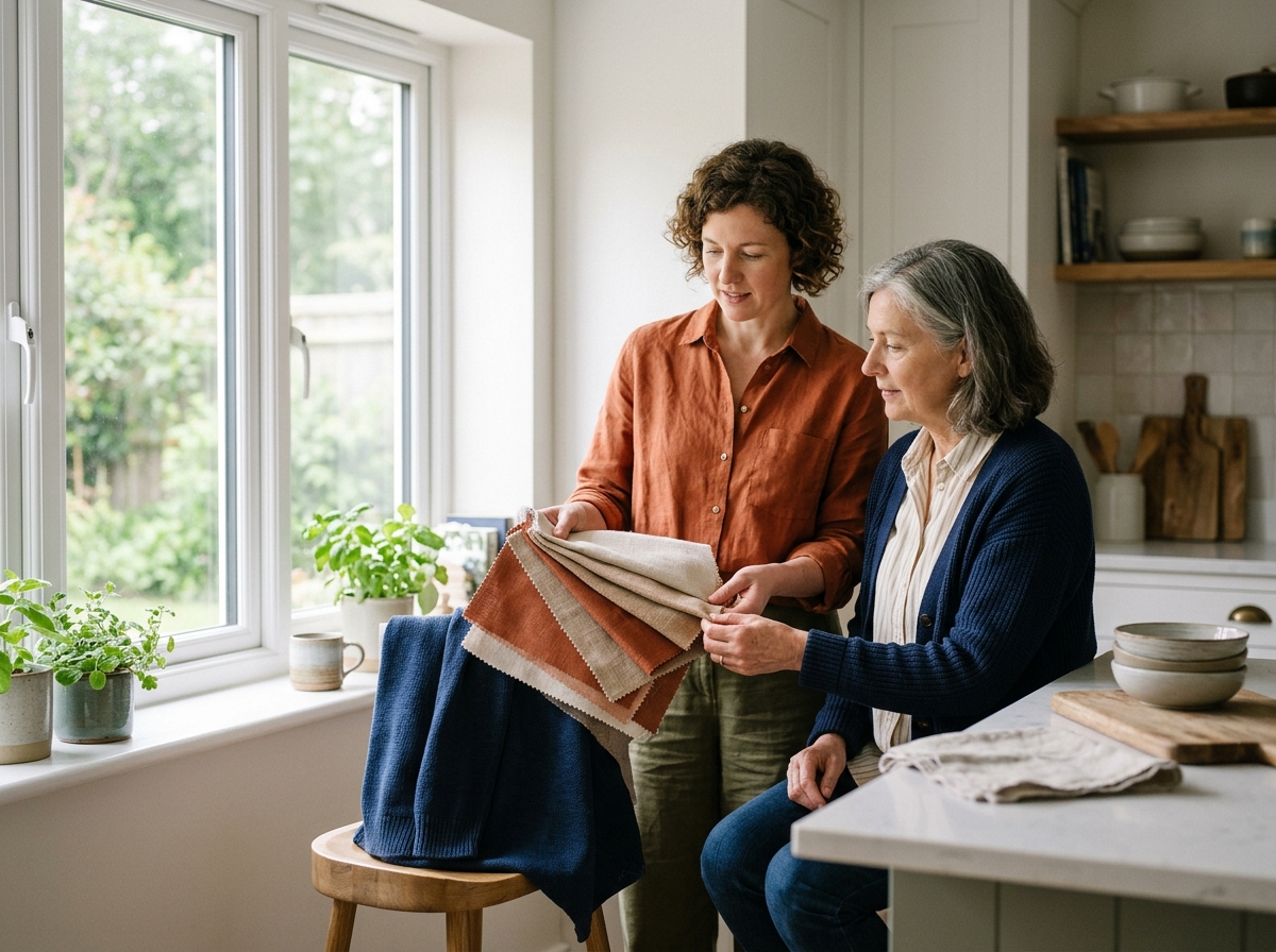 Designer holding linen fabric swatches against a kitchen window beside a seated homeowner